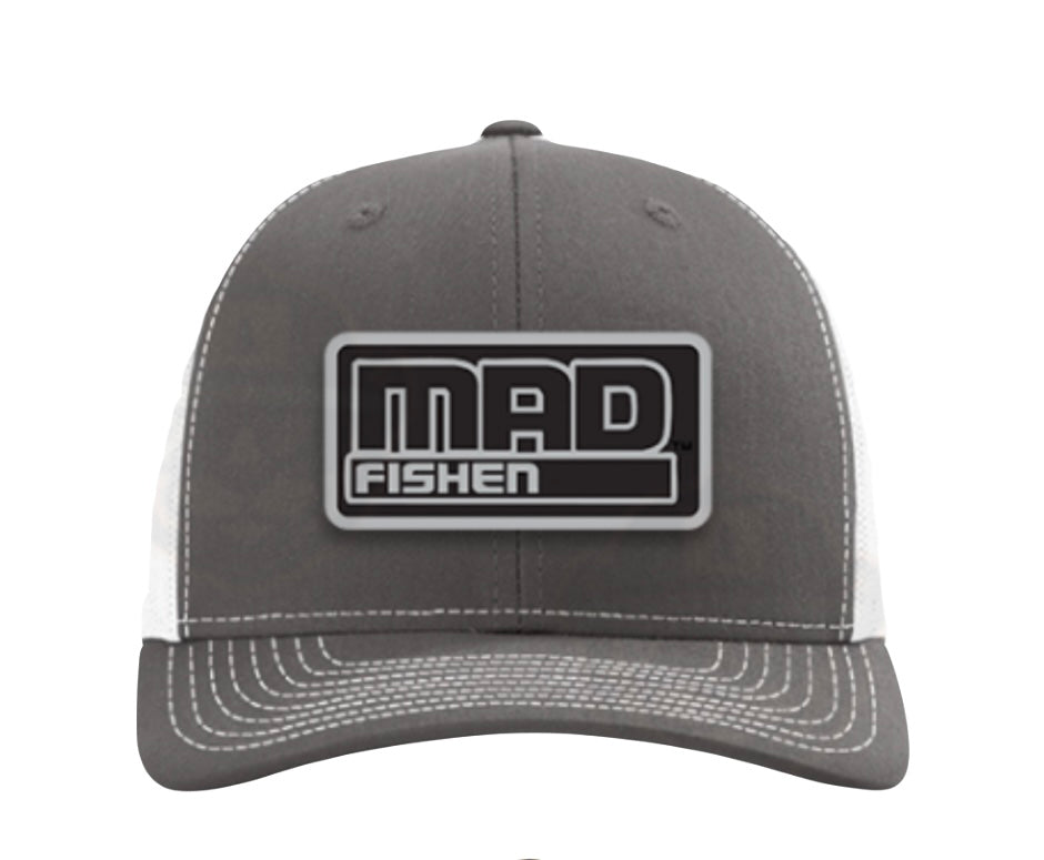 Gray and white Richardson cap hat with 'MAD FISHEN' logo on a white background