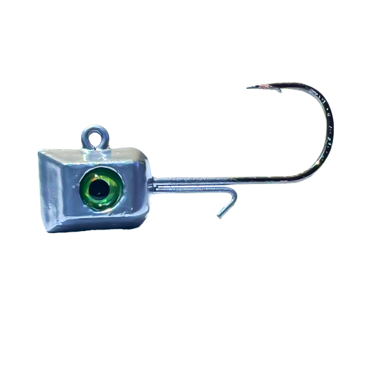 1/16 oz chrome Thermocline Hex Jig Head with a green 3D eye and a hexagonal shape for enhanced sonar visibility. Perfect for light presentations with a #6 hook.