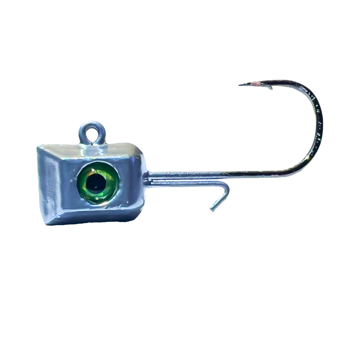 1/8 oz Thermocline Hex Jig Head in a reflective chrome finish, featuring a green 3D eye. A versatile jig designed for crappie, bass, and walleye, with a #4 hook.