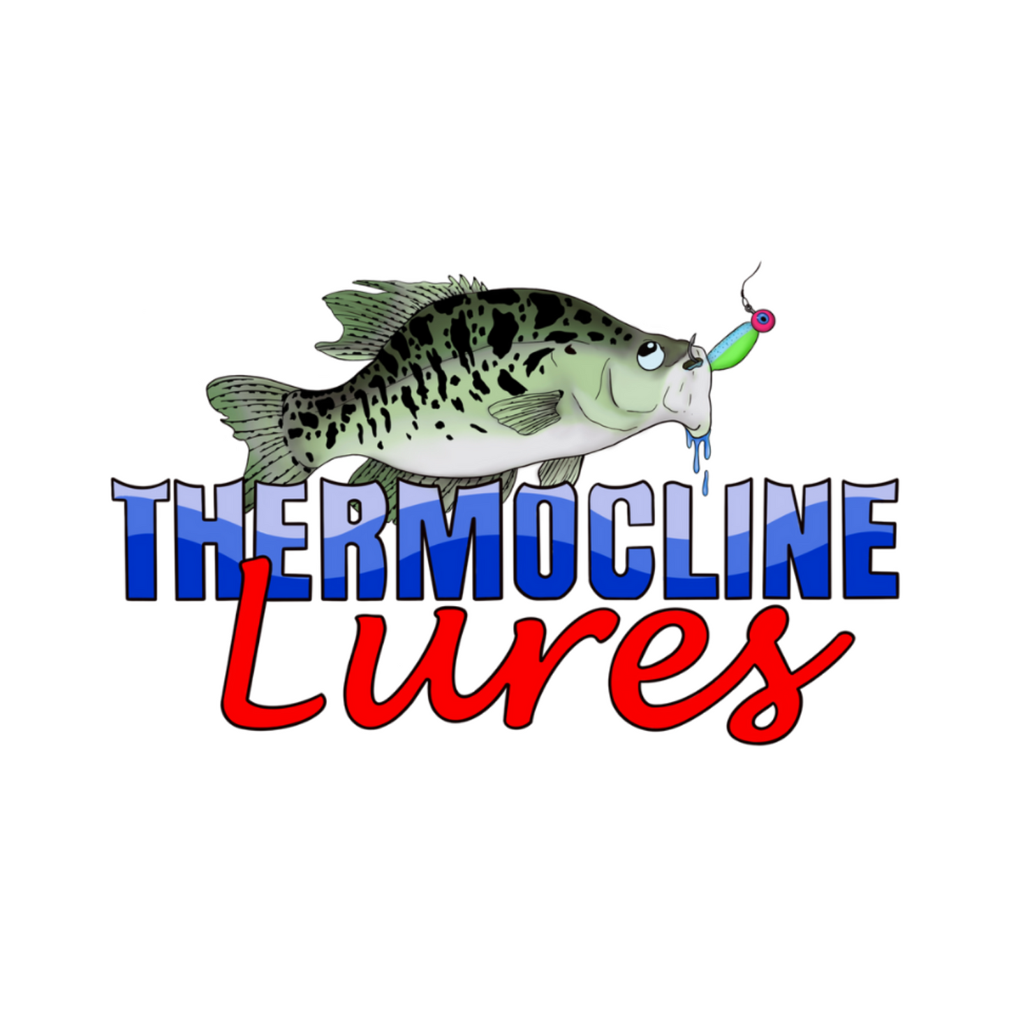 Thermocline Lures premium vinyl decal for boats and trucks, featuring a crappie fish illustration and bold Thermocline Lures branding in blue and red, perfect for outdoor enthusiasts.