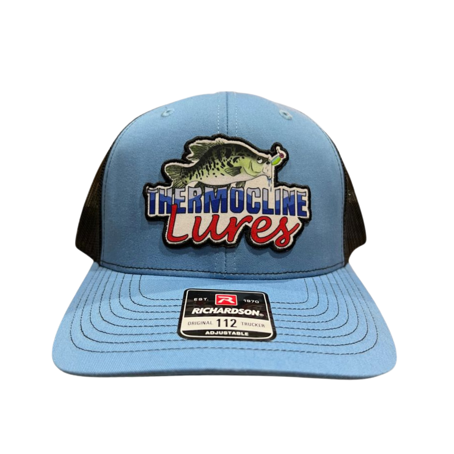 Front view of the Thermocline Lures Columbia Blue and Black Richardson 112 Trucker Hat, designed for comfort on the water or on the go.