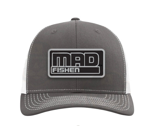 Gray and white Richardson cap  hat with 'MAD FISHEN' logo on a white background