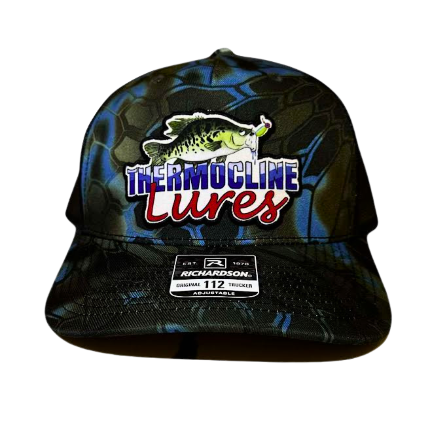Thermocline Lures blue and black Kryptek camo Richardson 112 trucker hat with an embroidered largemouth bass logo on the front panel. Adjustable fit for anglers seeking bold design.