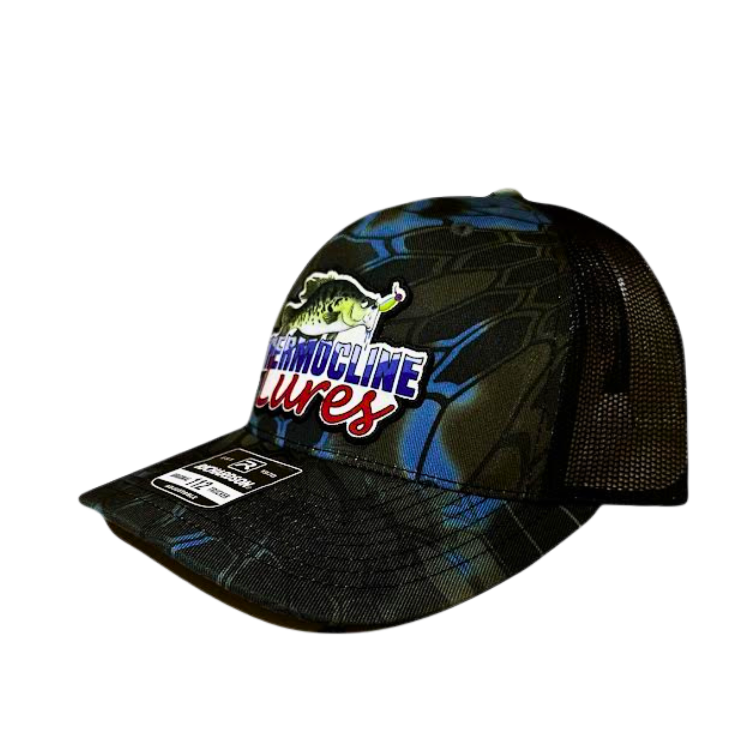 Opposite side profile of the Thermocline Lures blue and black Kryptek camo trucker hat, highlighting its mesh back and comfortable adjustable fit.