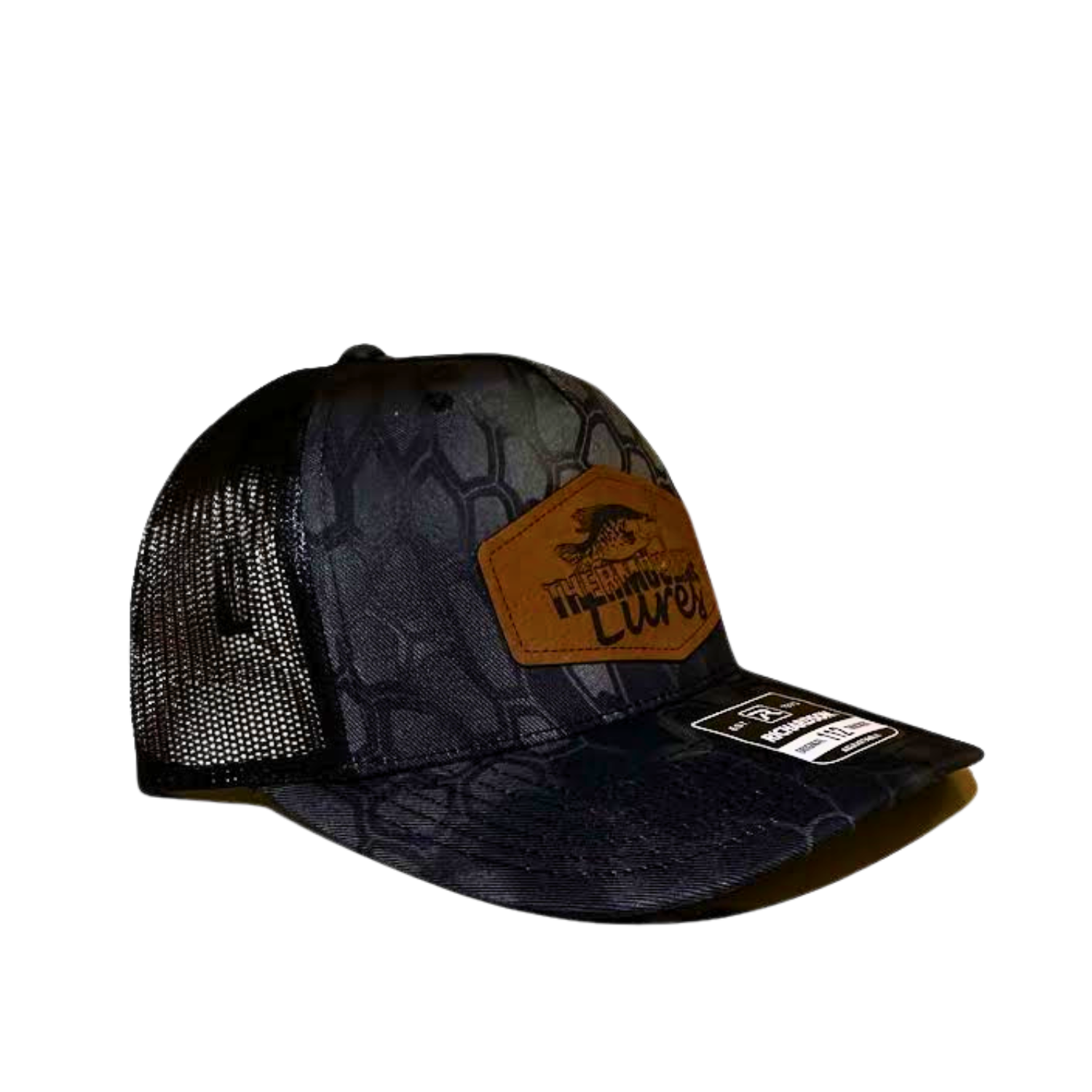 Right side view of the Thermocline Lures Kryptek Typhon/Black Trucker Hat, with a leather patch logo, black hexagonal camo front, and breathable black mesh back.