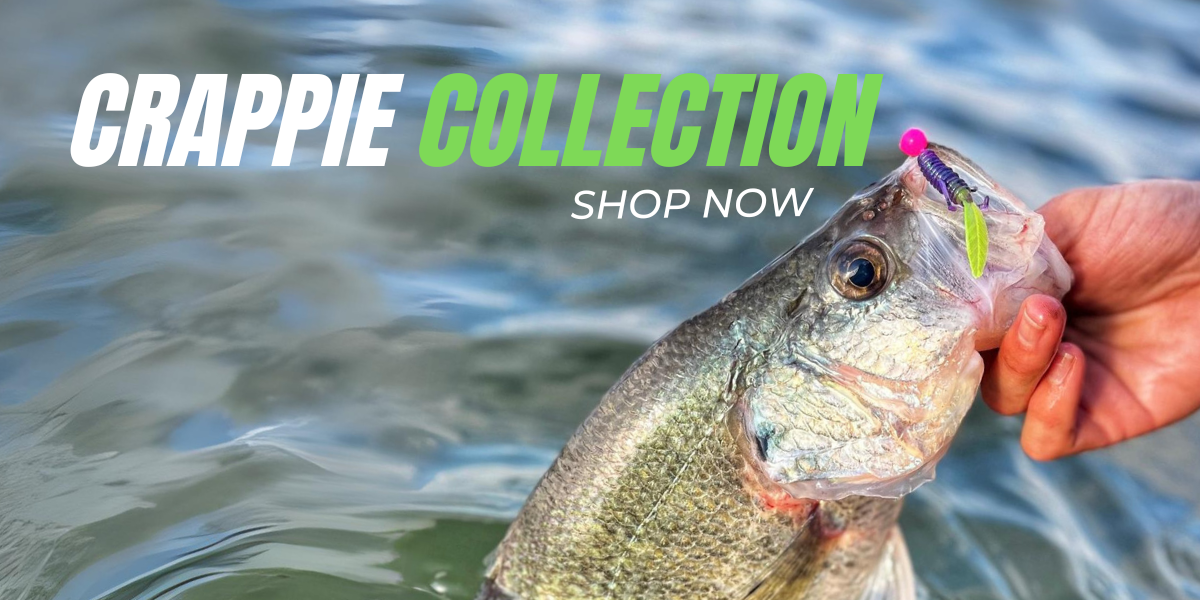 A crappie fish caught using a Thermocline Lures jig with bright colors, promoting the brand's crappie fishing lure collection.
