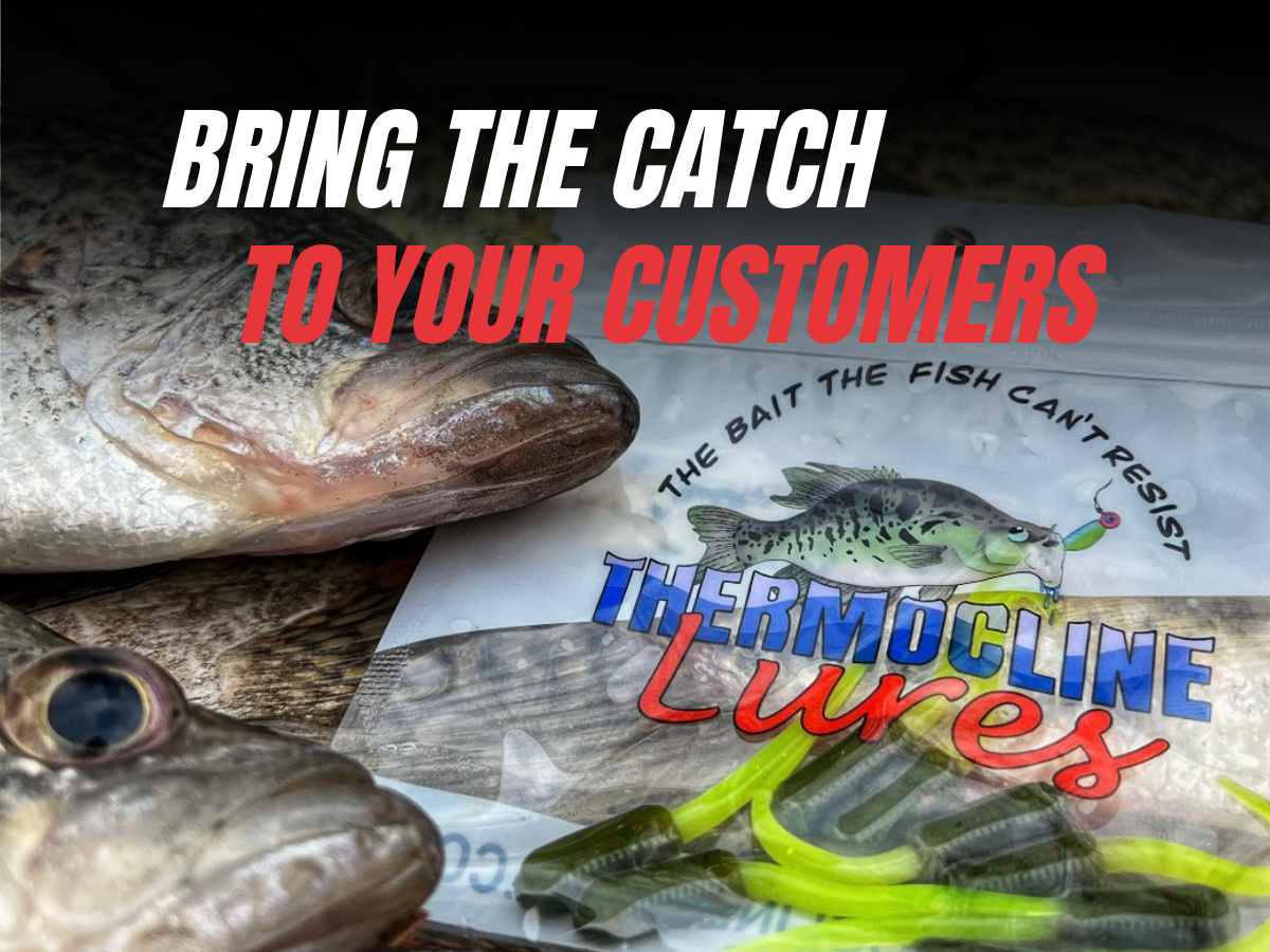 A pair of crappie fish laid next to a package of Thermocline Lures featuring bright green soft plastic lures and the slogan, 'The bait the fish can't resist.