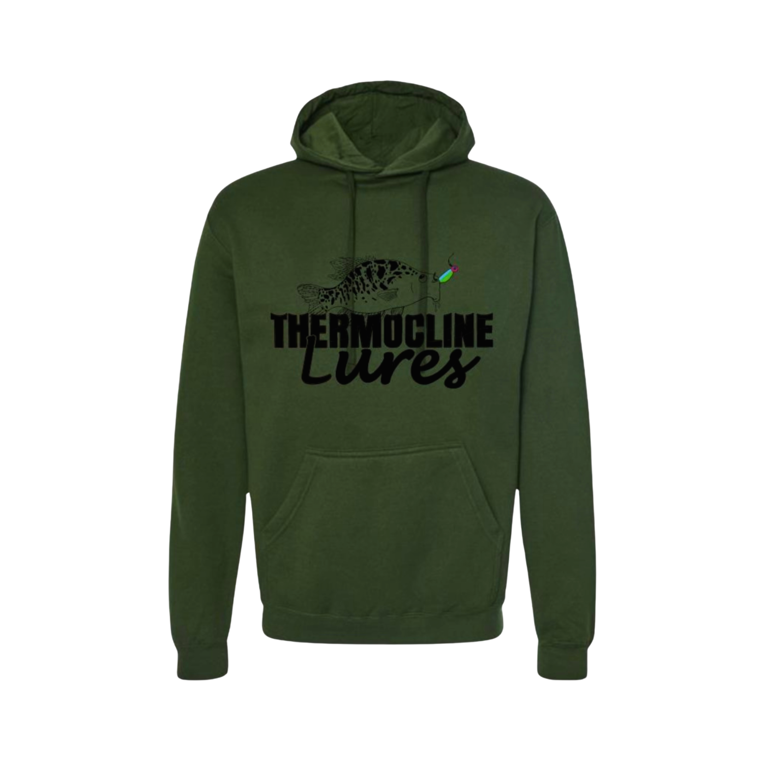 olive green hoodie featuring the Thermocline Lures logo in sleek black with a fish and lure design. Rugged and comfortable, ideal for fishing or outdoor activities.