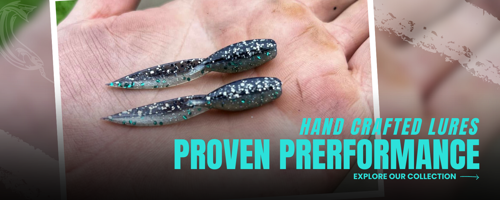 Two handcrafted soft plastic fishing lures with glitter accents displayed on a person's hand, showcasing the craftsmanship of Thermocline Lures.